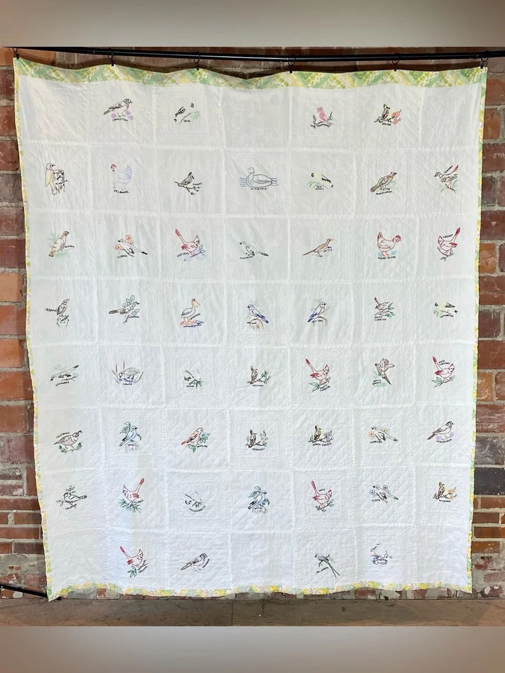 Vintage Embroidered State Bird Quilt 71” x 84”